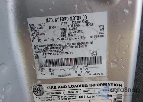 2010 Ford F-150 Fx4/Harley-Davidson/King Ranch/Lariat/Platinum/Xl/Xlt из США, поврежденный, VIN 1FTFW1EV9AFB39951